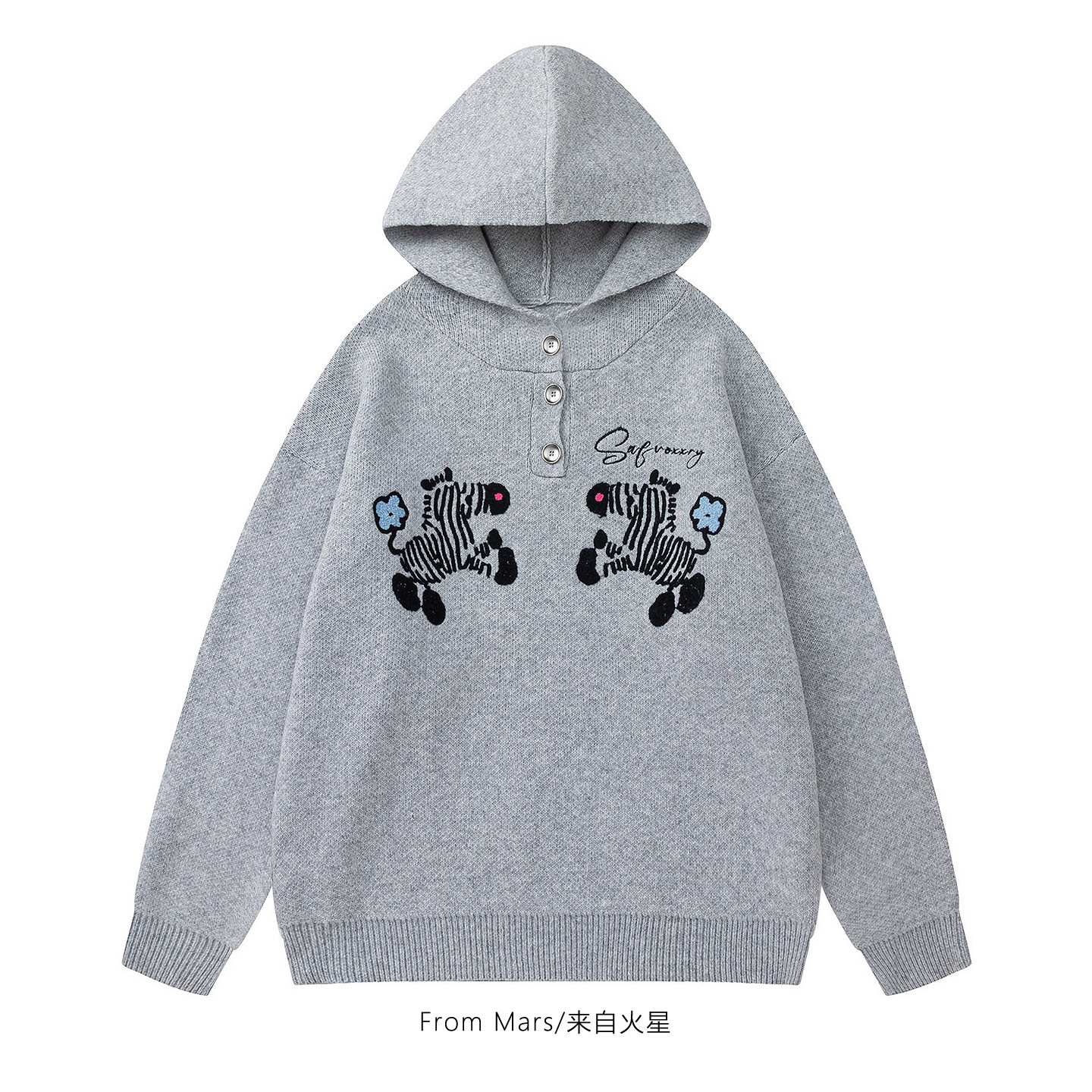 治愈瞬间刺绣宽松慵懒连帽毛衣