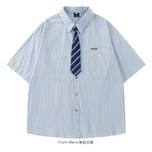 学院条纹休闲宽松开衫短袖衬衫