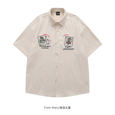 刺绣灯芯绒夏季宽松短袖衬衫BF