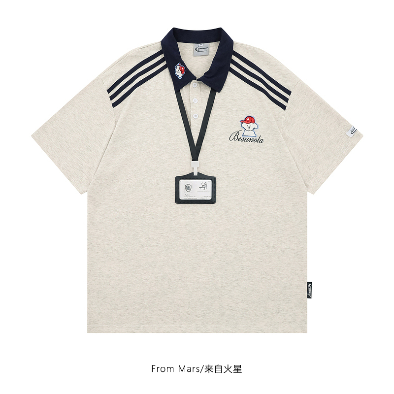 条纹polo领刺绣夏季宽松短袖T恤