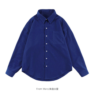 From 显白克莱因蓝条纹复古潮牌ins休闲百搭盐系衬衣vintage Mars