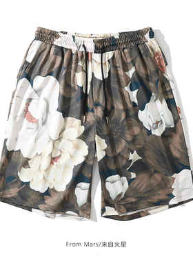 From Mars白芍花开 复古油画满印夏短裤国潮牌宽松夏威夷风五分裤