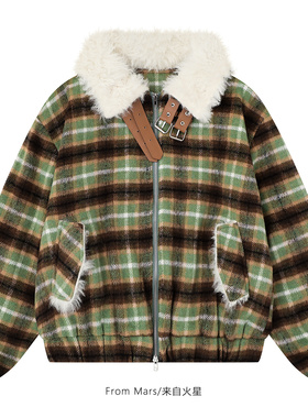 From Mars 过了很久 高街撞色格纹加绒加厚宽松保暖棉衣外套女潮