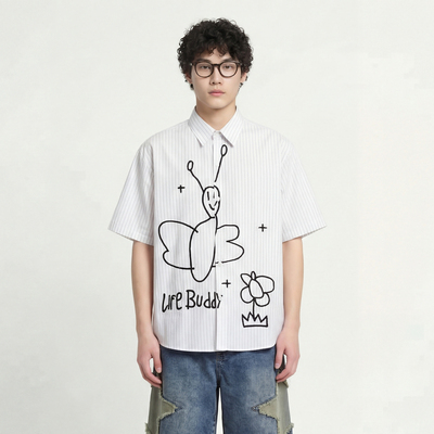 蓝白条纹蝴蝶花朵刺绣短袖衬衣