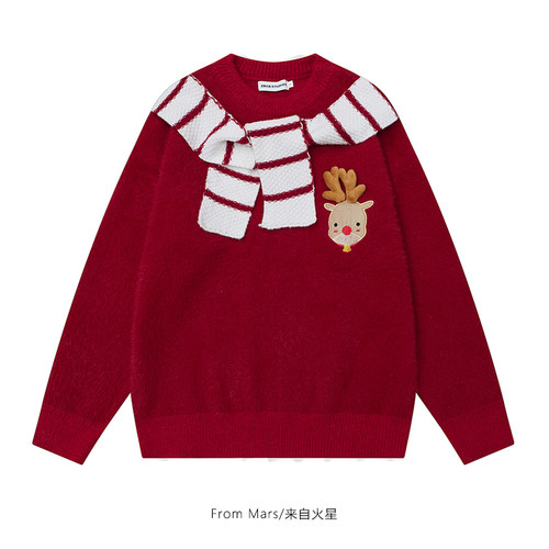 可爱的小鹿假两件圣诞针织毛衣