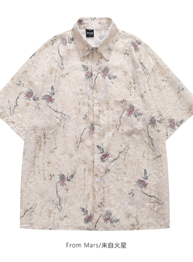 From Mars 一支玫瑰 国风潮牌夏季印花休闲宽松百搭男女短袖衬衫