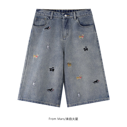 刺绣chic宽松休闲牛仔阔腿短裤
