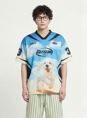 From Mars 纯白色小狗 印花夏日沙滩蓝白撞色网眼透气宽松短袖T恤