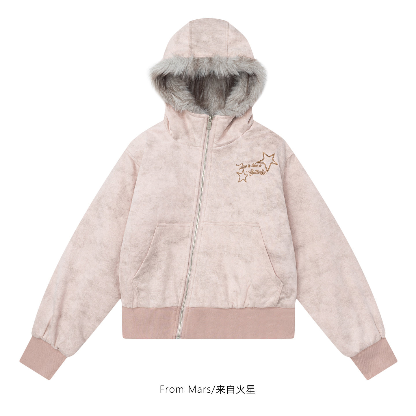 一直顺顺斜拉链连帽棉衣外套