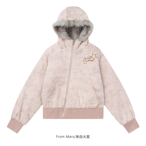 一直顺顺斜拉链连帽棉衣外套