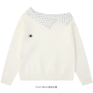 From Mars 一段时间 美式复古波点拼接斜肩短款修身毛衣女百搭潮