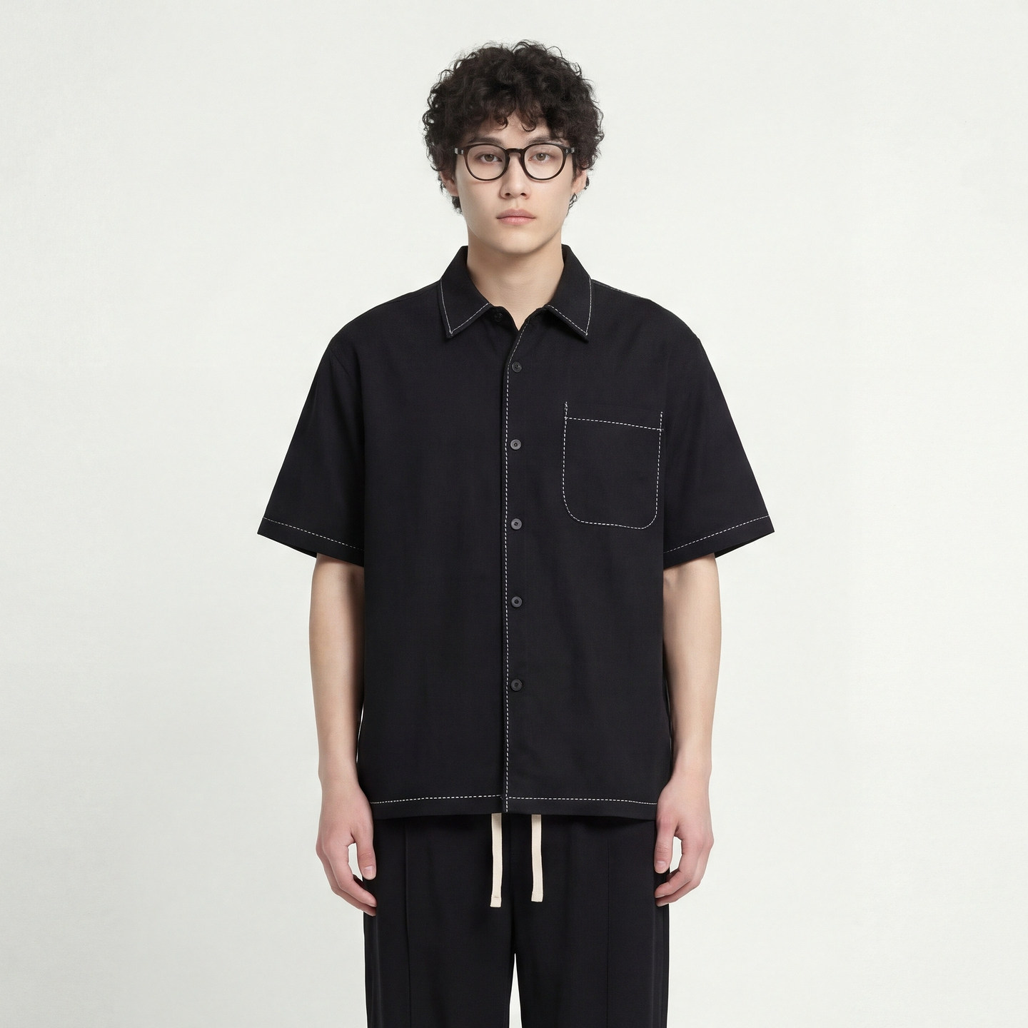 From Mars 明线口袋 小众设计感米杏色宽松百搭翻领短袖男女同款