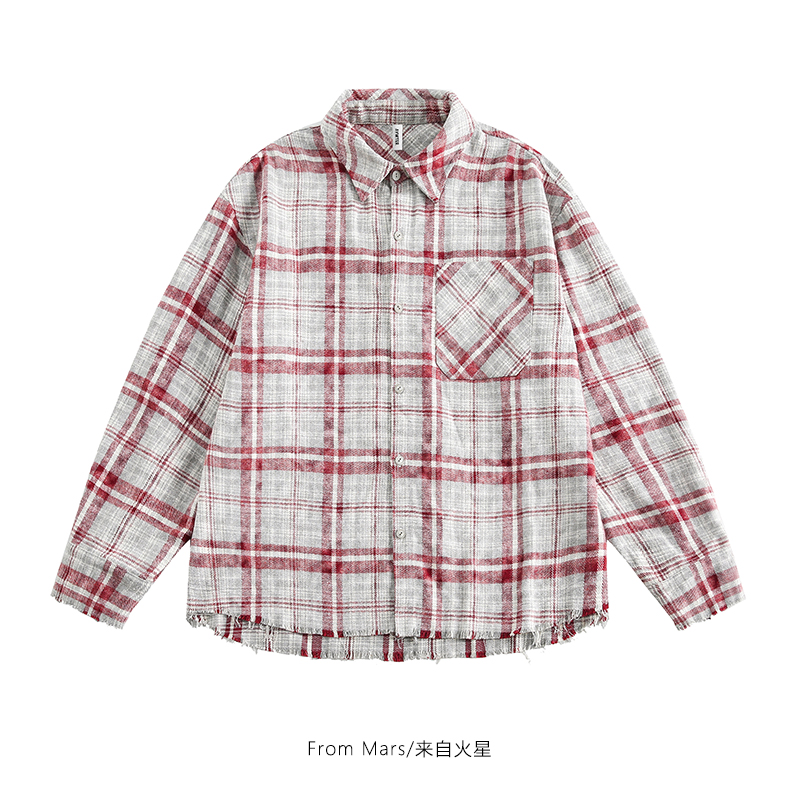 格纹毛边衬衫男女宽松长袖衬衣