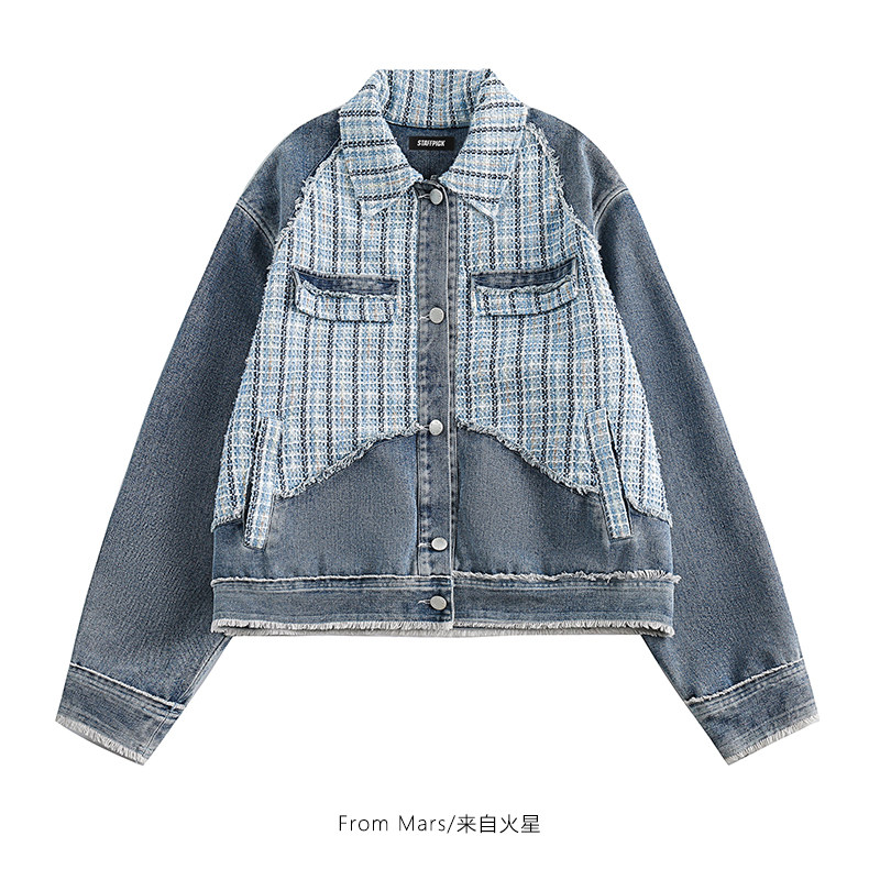 from mars 重新起航 韩版潮牌拼接格子编织牛仔外套宽松休闲夹克