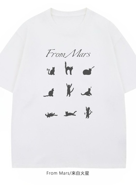 From Mars 天蓝色猫 印花短袖T恤美式高街小众设计感宽松百搭休闲