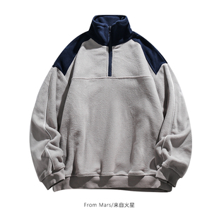 日系拼接撞色立领套头拉链长袖 互相成就 卫衣宽松情侣 Mars From