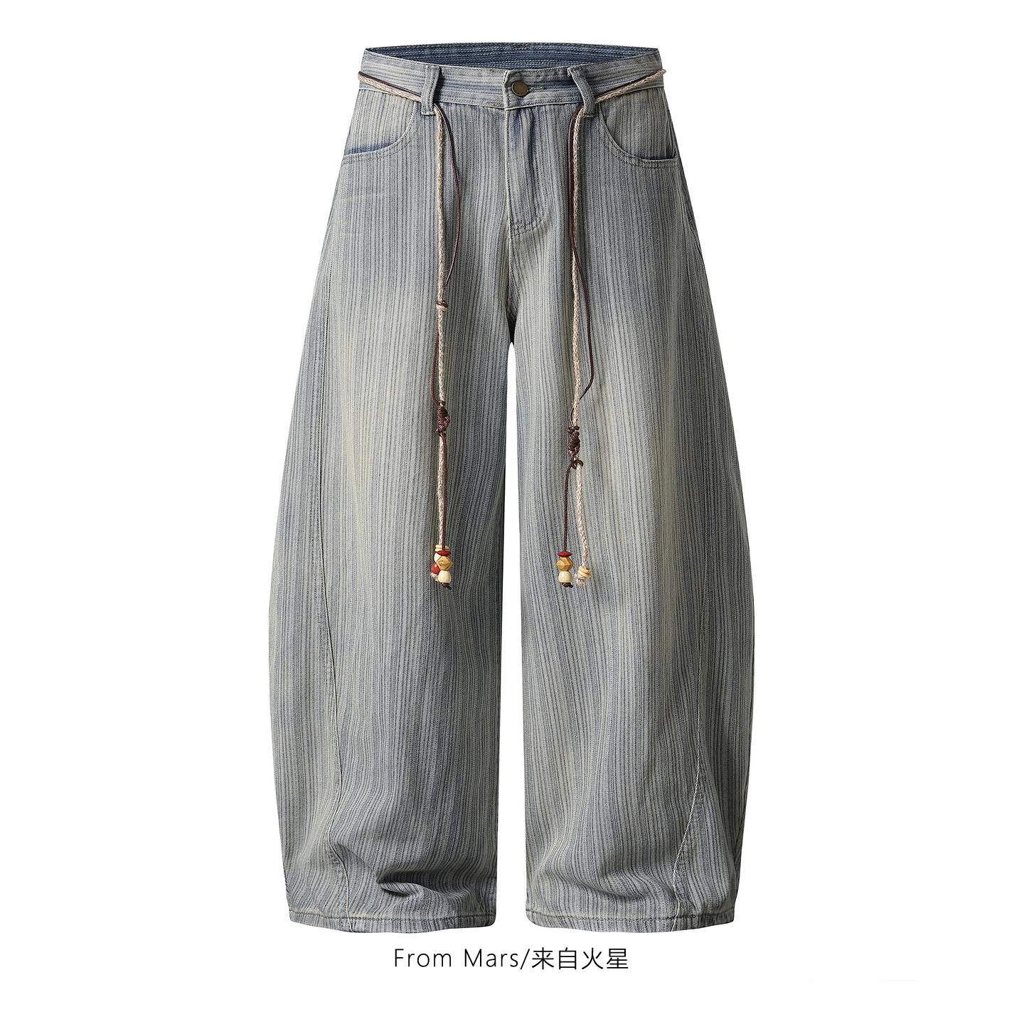 有点期待宽松条纹弯刀牛仔裤