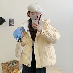 奶黄色短款棉袄女学院风休闲百搭羽绒棉服面包服小个子加厚外套潮