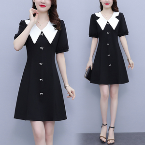 RY1509#大码女装法式娃娃领拼接短袖连衣裙收腰显瘦胖mm赫本风炸街短裙夏