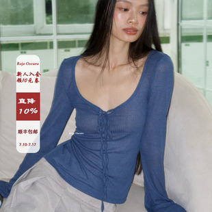 Rojo oscuro智惠美人薄纱针织穿打底衫系带正反面喇叭袖修身上衣