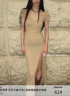 Rojo oscuro智惠美人康宝莱羊毛高开衩织短袖修身温柔约会连衣裙