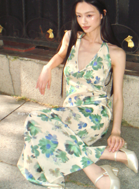 Rojo Oscuro智惠美人挂脖肌理感性感V领度假绿色印花鱼尾连衣裙夏
