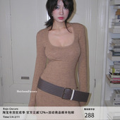 法式 纯欲褐色U领长袖 连衣裙女辣妹打底针织修身 Heirloom 长裙秋季
