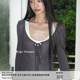 Rojo oscuro智惠美人深灰系带正反面穿薄纱针织打底衫喇叭袖上衣