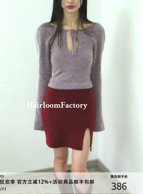 Heirloom 性感低腰圣诞深红羊毛包臀裙女修身显瘦开叉针织短裙冬