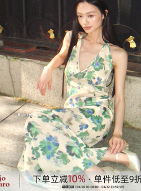 Rojo Oscuro智惠美人挂脖肌理感性感V领度假绿色印花鱼尾连衣裙夏