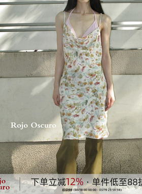 Rojo Oscuro智惠美人深露背荡领叠穿吊带性感绿粉印花连衣裙女夏