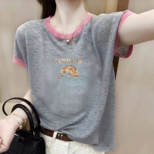 T恤印花T恤衫 夏季 女士上衣宽松显瘦撞色薄款 新款 竹节棉圆领短袖