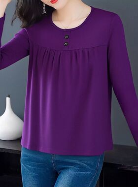 2025新款时尚紫色长袖T恤女圆领褶皱设计纽扣装饰宽松大码女上衣