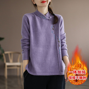 秋冬新款德绒长袖立领刺绣花文艺复古民族风打底绒衫拼接盘扣上衣