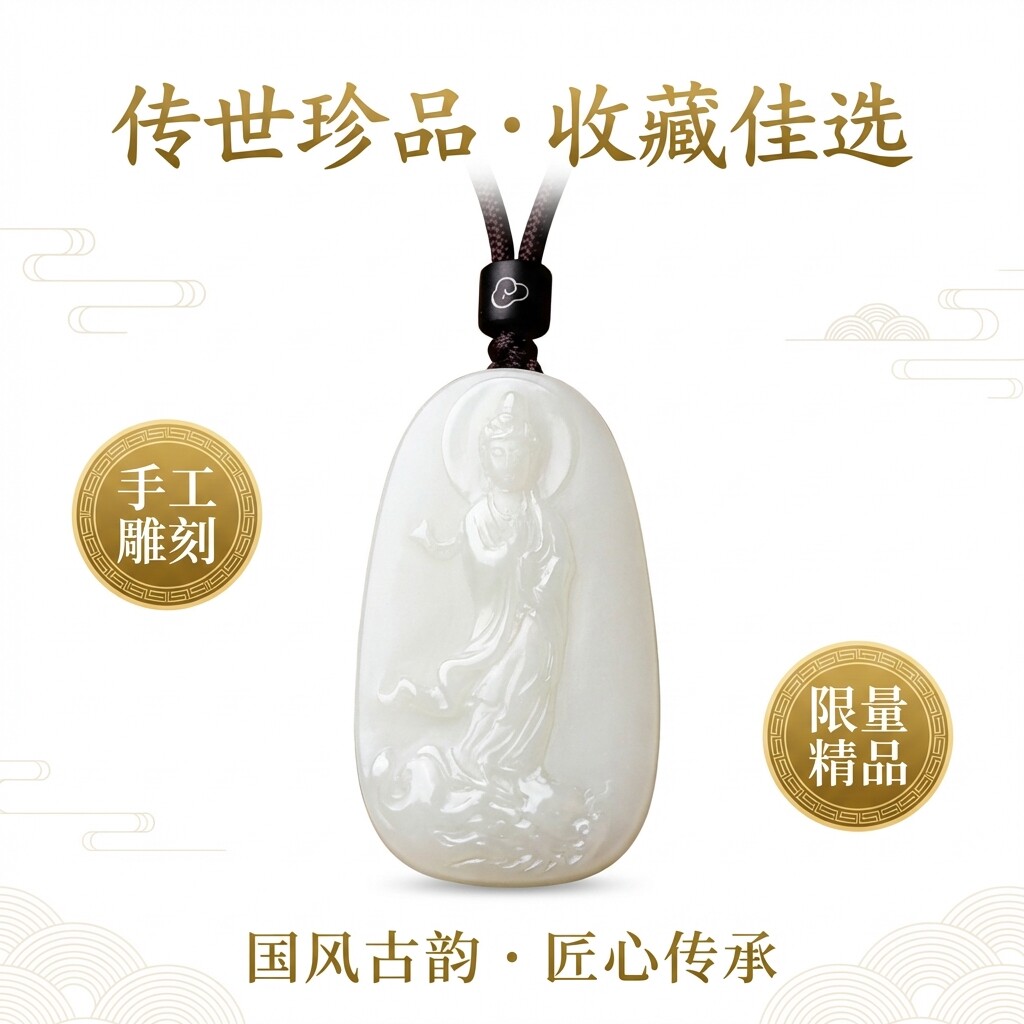 乘龙观音吊坠天然正品天然白玉站观音玉石项链护身玉牌男款民族风