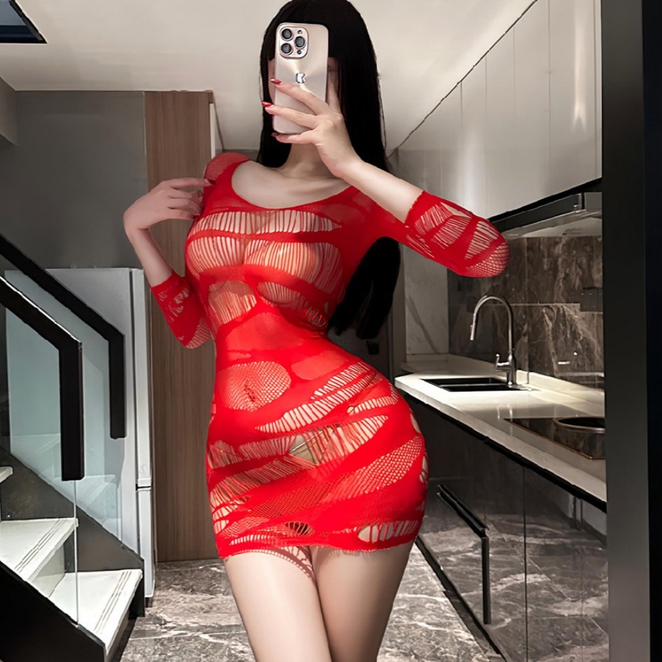 御姐红色性感镂空网眼伪娘连体衣女装大佬长袖紧身男娘变装包臀裙