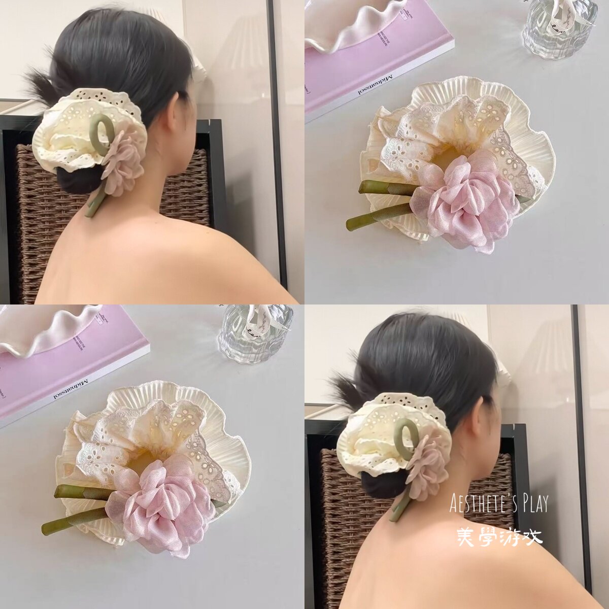 韩系小众花朵蕾丝大肠发圈扎头发