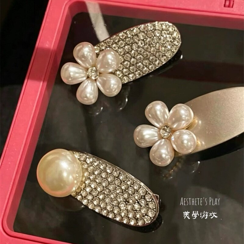 韩系银色珍珠花朵刘海边夹图片