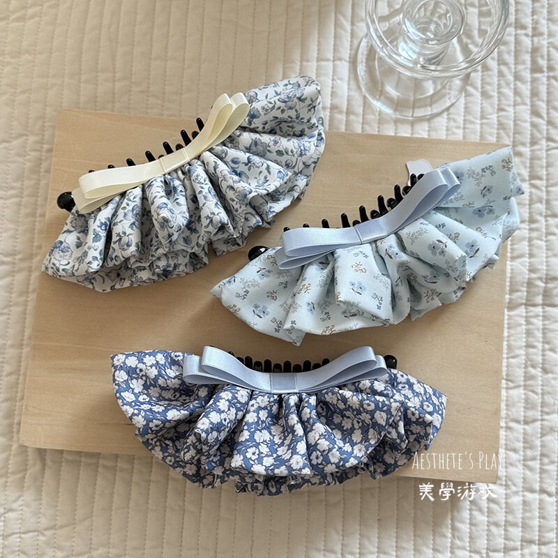 复古春夏碎花系列蝴蝶结裙摆香蕉夹高级感马尾夹竖夹半扎发夹新款