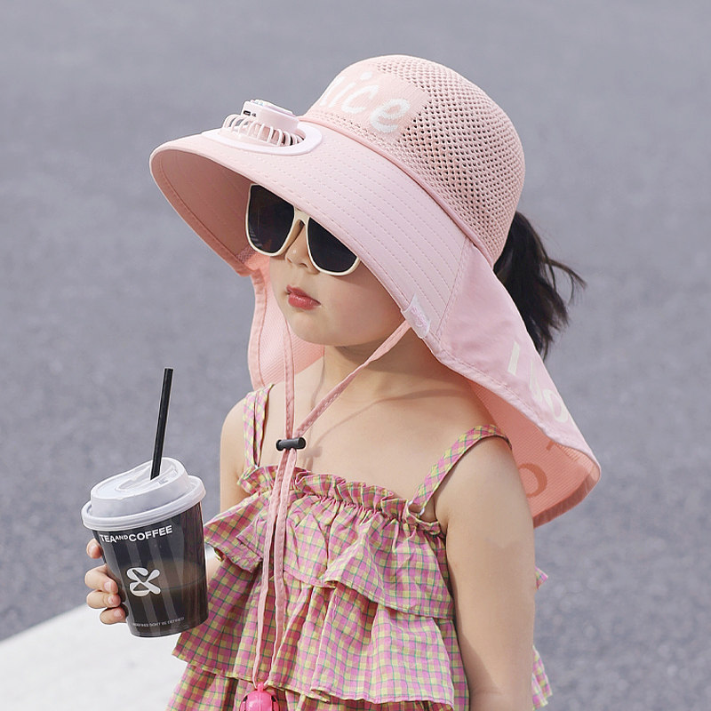 儿童充电风扇遮阳帽子夏季男孩女童大帽檐披肩薄款防晒宝宝太阳帽