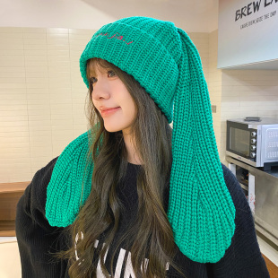 日系可爱长兔耳朵毛线帽女秋冬学生个性 小众保暖护耳针织套头帽潮