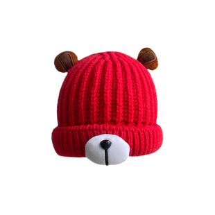 红色圣诞新年儿童帽子冬季男女童可爱卡通宝宝过年保暖针织毛线帽