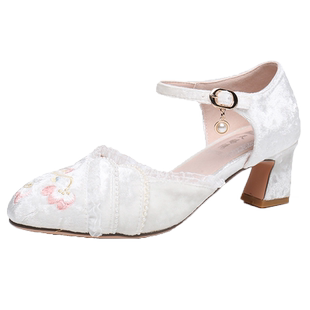 天赐绣夏季新款包头凉鞋低跟粗跟女鞋中空刺绣花鞋古风旗袍鞋古装