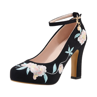 春秋中国风中式单鞋旗袍鞋高跟鞋防水台刺绣花鞋黑色走秀鞋表演鞋