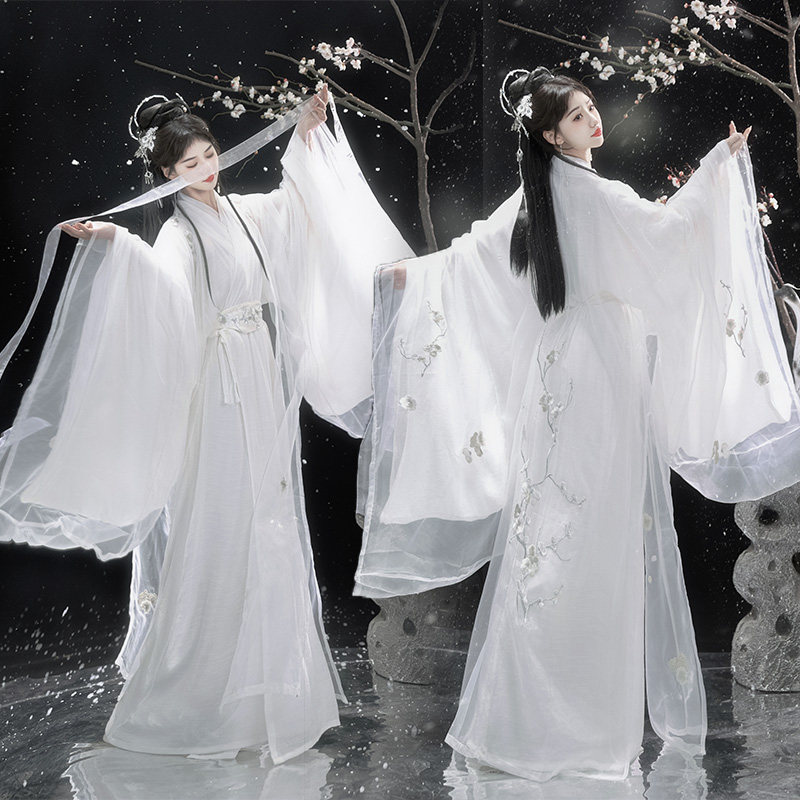 魏晋风汉服雪梅绣花大袖衫双层交领直裾白色仙气飘逸清冷春夏古风