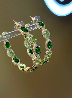 ikelly绿色宝石夸张大耳圈重工气质耳环轻奢华微镶宝石时尚饰品