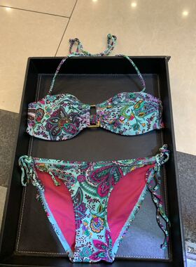 欧美性感少女比基尼三点式火辣诱惑低腰系带大胸聚拢小胸加厚泳衣
