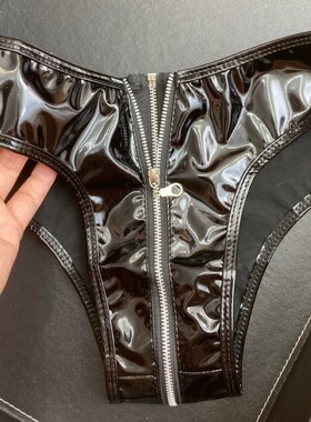 拉链开裆内裤性感诱惑黑色女款高亮pvc漆皮三角裤