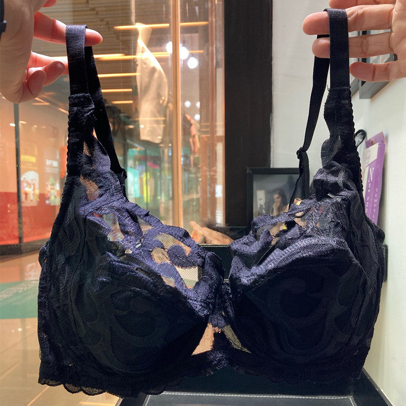 性感黑色大胸75E80E85E罩杯钢托胸罩聚拢蕾丝内衣女防滑1