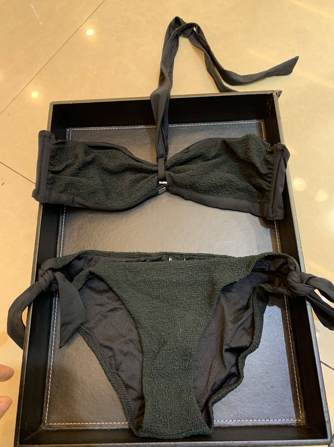 欧美女士比基尼性感低腰三角系带三点式火辣黑色游泳衣抹胸款大胸